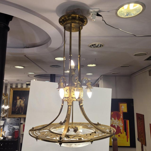 Metal Art Nouveau Ceiling Lamp in Gilt Bronze and Frosted Crystal, France, 1930s For Sale - Image 7 of 18