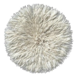 White Feather Juju Hat: Boho Wall Decor, Handmade Bamileke For Sale