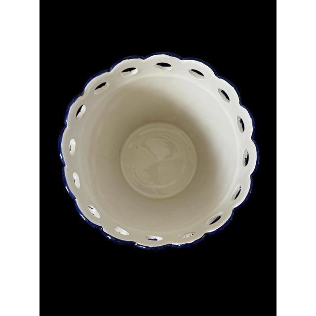 Mid 20th Century VTG Portugal (?) Hand Painted Blue White Scalloped Ceramic Planter Cachepot For Sale - Image 5 of 6