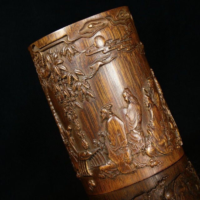 Vintage Chinese Deep Relief Bamboo Carved "Scholars" Brush Pot - 475g For Sale - Image 4 of 9