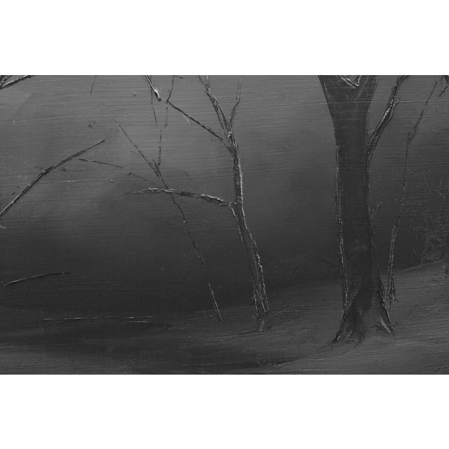 The artwork presents a monochromatic landscape, where bare trees with intricate, textured branches rise against a softly...