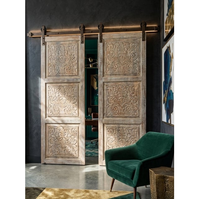 Wood Antique Floral Carved Barn Door – Distressed Wood Sliding or Hinged Statement Door 96x36 For Sale - Image 7 of 7