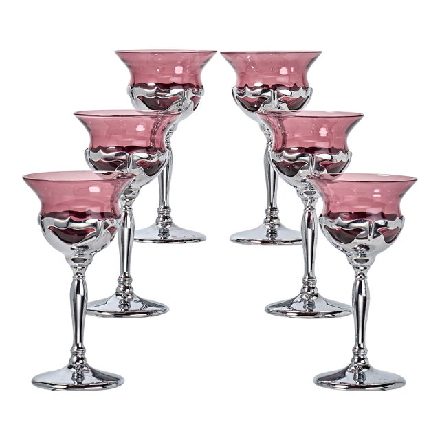 1930s Set of 6 Art Deco Krome Kraft Wine Goblets - Amethyst - By Farber Bros. For Sale