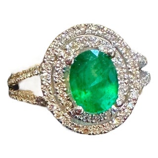 1.5 Ct Oval Cut Natural Emerald & 2 Ct Natural Diamond Halo Engagement Ring For Sale