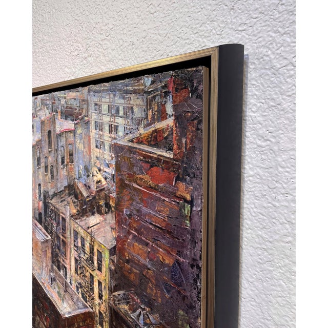 Contemporary Standing in the Catbird Seat by Josh George | Mixed Media on Wood Panel Urban rooftops with buildings and power lines For Sale - Image 3 of 5