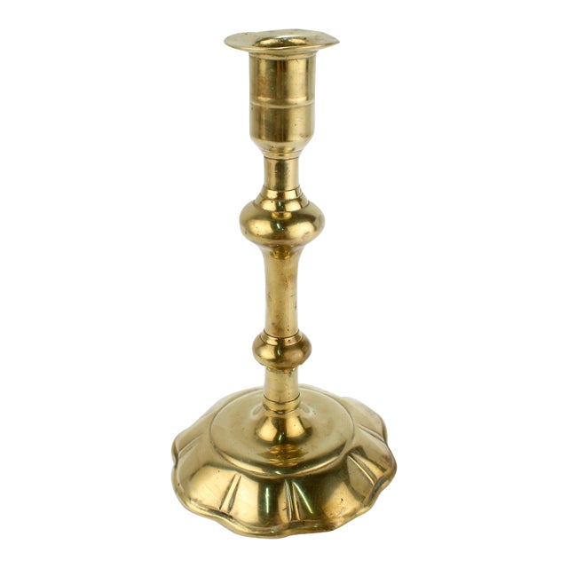 Antique 18th Century George II English Brass Petal Base Single Candlestick For Sale