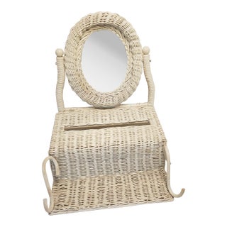 Mid 20th Century Mid-Century Modern White Wicker Vanity Mirror Tissue Box Caddy For Sale