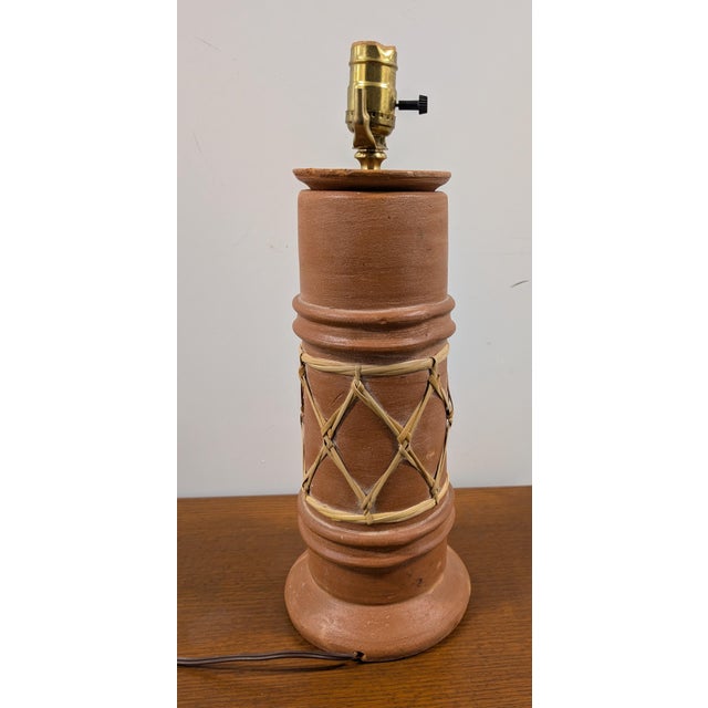 Rustic Vintage Pottery Table Lamp With Woven Rattan Rope For Sale - Image 3 of 7