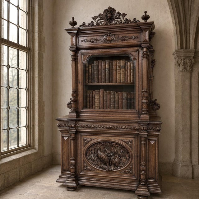 19th Century French Renaissance Revival Oak Bookcase, or Bibliothèque, is a remarkable example of the French...