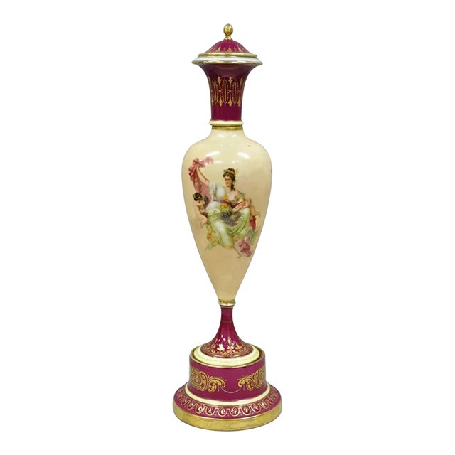 Antique Royal Vienna Austrian Porcelain Hand Painted Red Urn Vase With Lid For Sale