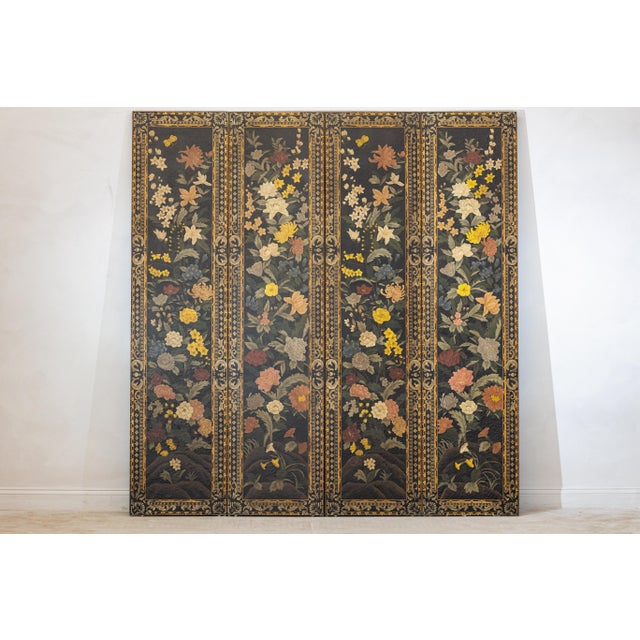 Four-Panel Chinese Black Lacquer Screen with Polychrome Floral Decoration For Sale - Image 17 of 18