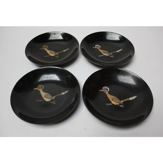 Set of Four Mid-Century Black Resin Inlaid "Roadrunners" Trays by Couroc For Sale - Image 13 of 13