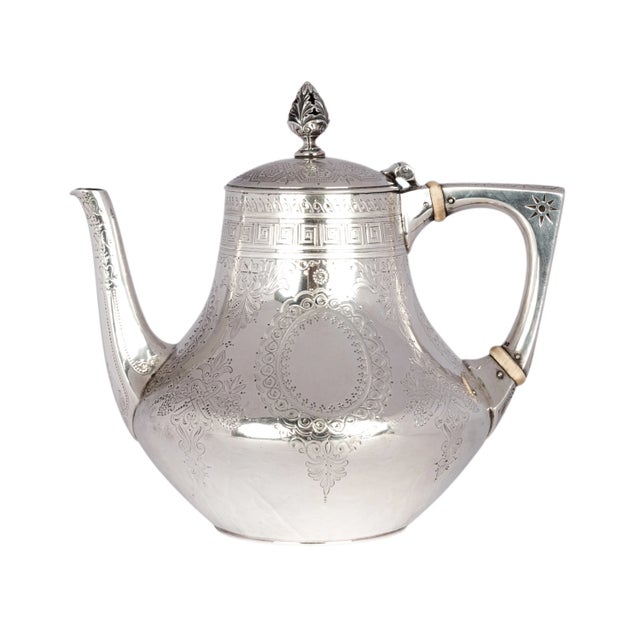 1878 Antique Barnard Brothers London Aesthetic Movement Sterling Silver Tea Set- 3 Pieces For Sale - Image 4 of 12