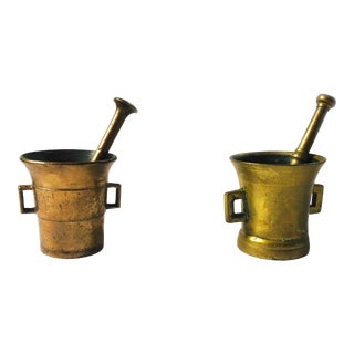 Small Antique 1900s Solid Brass Apothecary Mortars and Pestles - Set of 2 For Sale