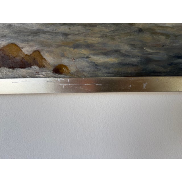 Modern Coastal Ocean Landscape Oil on Board Painting, Silver Wood Frame For Sale - Image 11 of 12