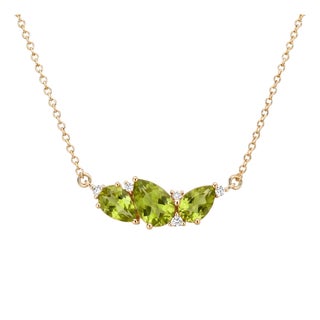 Green Peridot Pear Gemstone Cluster Necklace | 18k Gold Plated Curved Botanical Pendant | Delicate August Birthstone Necklace For Sale