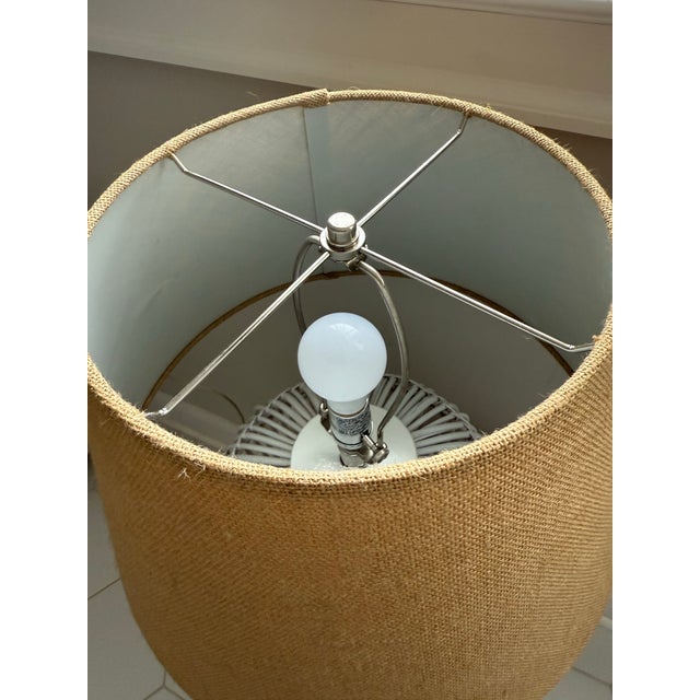 2010s Ralph Lauren White Rattan Table Lamp With Natural Burlap Shade For Sale - Image 5 of 5