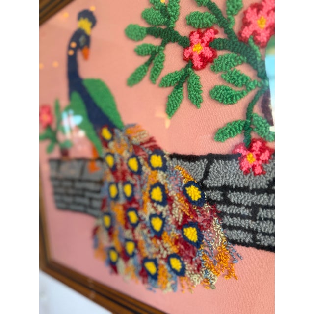 Vintage Hand-Stitched Peacock Pair in Front of Pink Flowers - Loop Embroidery Framed Under Glass For Sale - Image 6 of 11