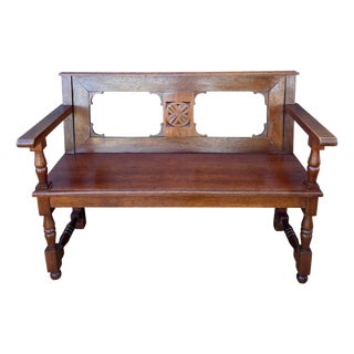Vintage Spanish Castilian Style Oak Bench, 1920 For Sale