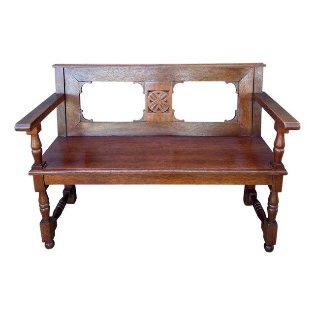 Vintage Spanish Castilian Style Oak Bench, 1920 For Sale
