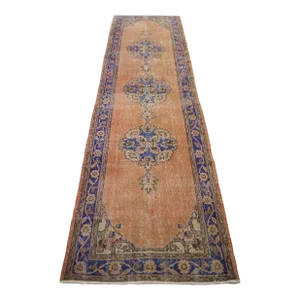 Hand-Knotted Tuıkish Runner Rug Faded Colors Low Pile - 2'12″ X 10'10″