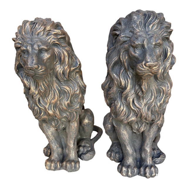 Outdoor Vintage Lion Composite Statues - A Pair For Sale