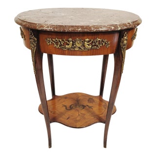 French 19th C Louis XV Inlaid Mahogany & Bronze Marble Top Side Table For Sale