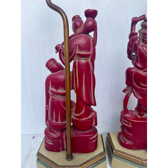 Fine Antique Carved Wood Chinese Immortals Fisherman and Deity Cinnabar Style Finish Pair Lamps For Sale - Image 4 of 12