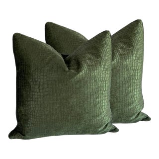 Early 21st Century Green Alligator Scale Velvet Pillows- a Pair For Sale