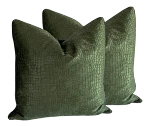 Early 21st Century Green Alligator Scale Velvet Pillows- a Pair