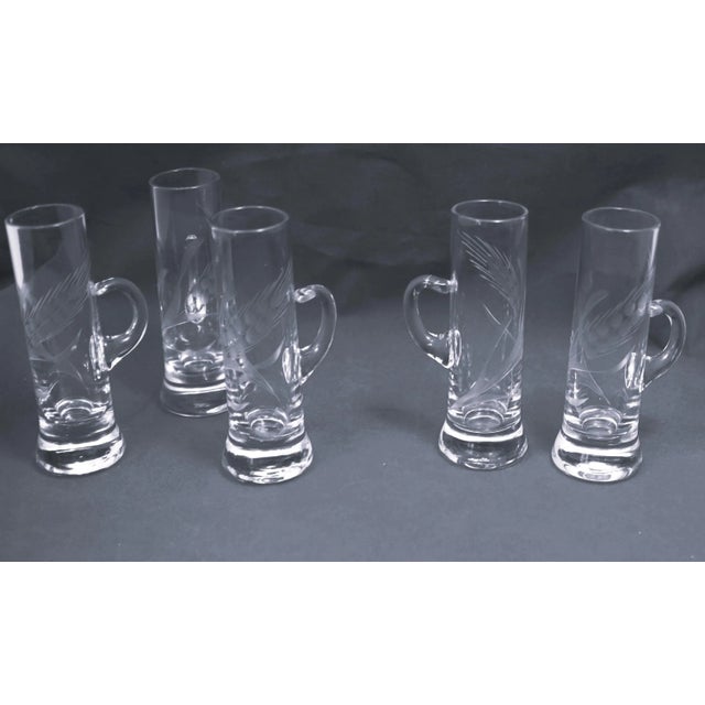Transparent Mid Century Hand Blown Crystal Etched Vodka Cordial Glasses With Applied Handles- Set of 5 For Sale - Image 8 of 12