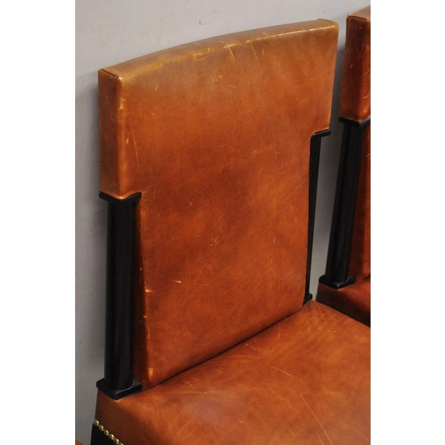 Late 20th Century French Art Deco Style Brown Leather Ebonized Frame Dining Chairs - Set of 8 For Sale - Image 13 of 18