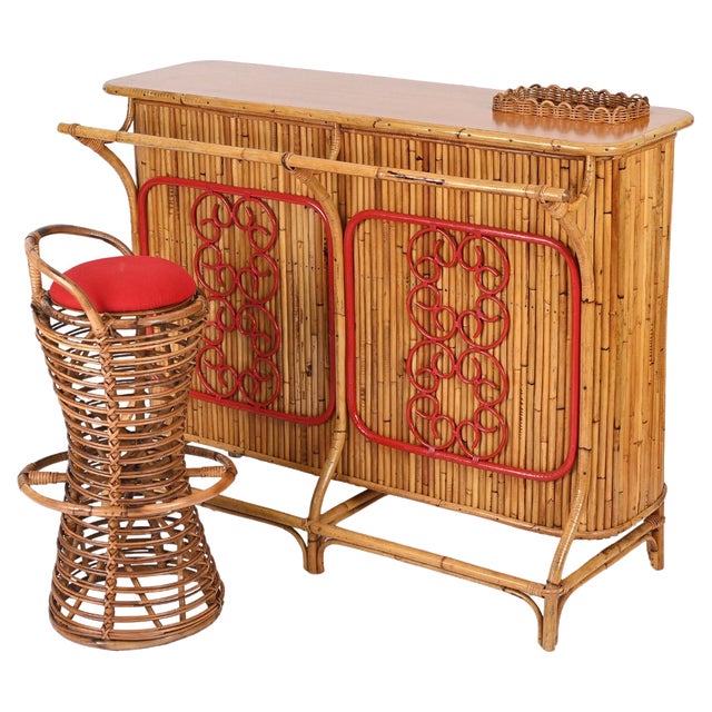 Set of Dry Bar with Stool in Rattan, Bamboo and Wicker attributed to Tito Agnoli, Italy, 1950s For Sale