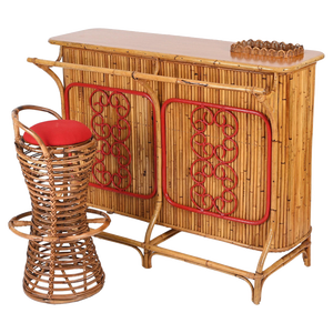 Set of Dry Bar with Stool in Rattan, Bamboo and Wicker attributed to Tito Agnoli, Italy, 1950s