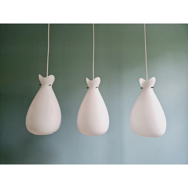 Scandinavian Pendant Lights in White Satin Glass and Brass, 1960s, Set of 3 For Sale - Image 15 of 18