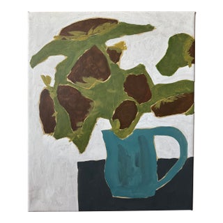 Modern Still Life Painting: Abstract Sunflowers in Blue Vase Contemporary Minimalistic Picture in Muted Colors For Sale