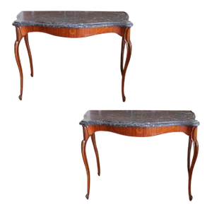 Pair of Edwardian Satinwood Marquetry Console Tables With Marble Tops