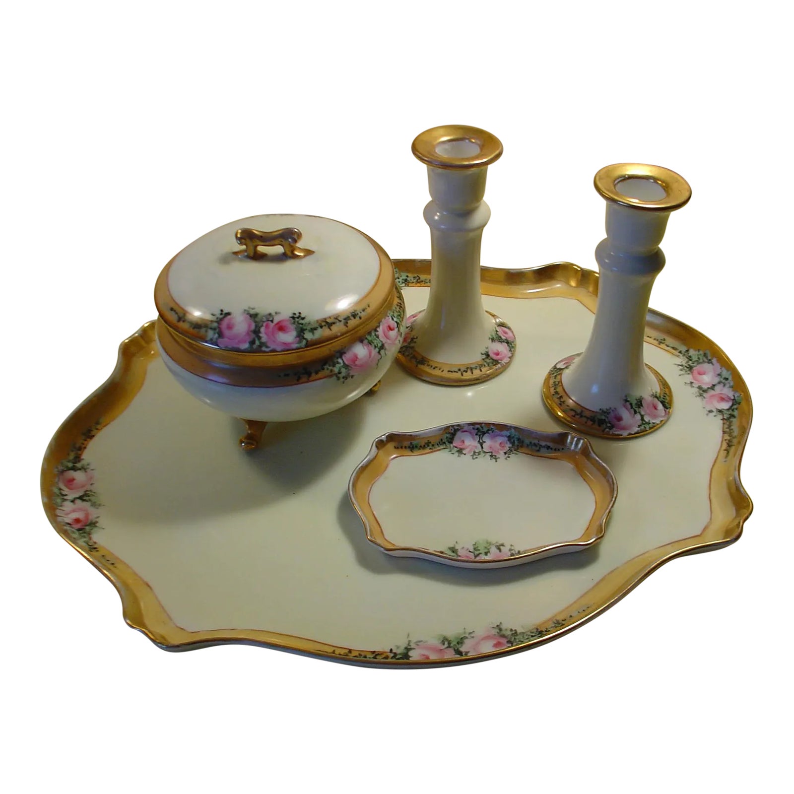 Vintage 1930s Tray, Candle Holders and Box Dresser Tray Set 6 Pieces