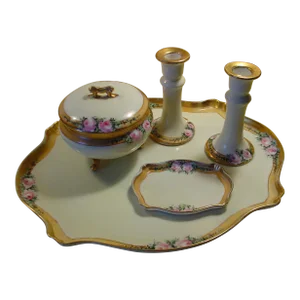 Vintage 1930s Tray, Candle Holders and Box Dresser Tray Set - 6 Pieces