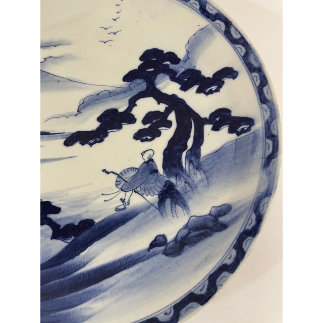 Early 20th Century Large 14.5" Blue and White Japanese Charger Mt Fuji For Sale - Image 9 of 17