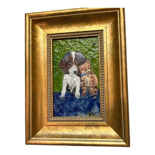 1960’s Original Enamel on Copper Painting Puppy & Cat Chunky Gold Frame For Sale