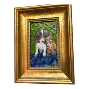 1960’s Original Enamel on Copper Painting Puppy & Cat Chunky Gold Frame
