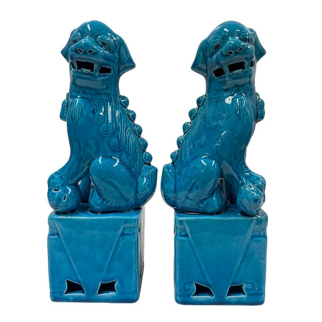 Vintage Chinese Porcelain Turquoise Foo Dog Figurines - A Pair For Sale - Image 4 of 9