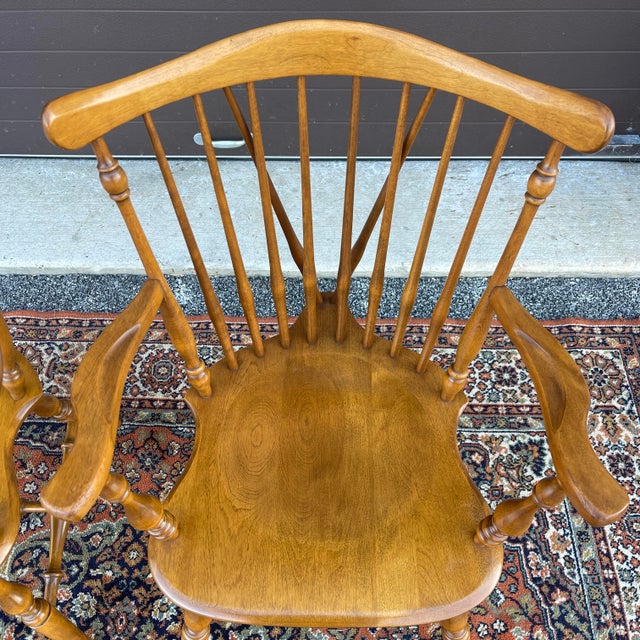 American 1970s Ethan Allen Heirloom Nutmeg Maple Fiddleback Windsor Armchairs - a Pair (10-6020a) For Sale - Image 3 of 12