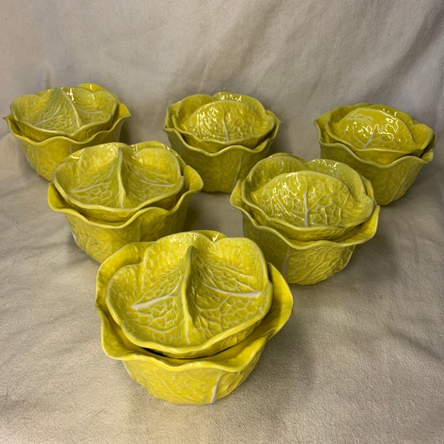 1970s Rare Vintage Secla Soup Bowls With Lids Yellow Cabbage Leaf For Sale - Image 5 of 11