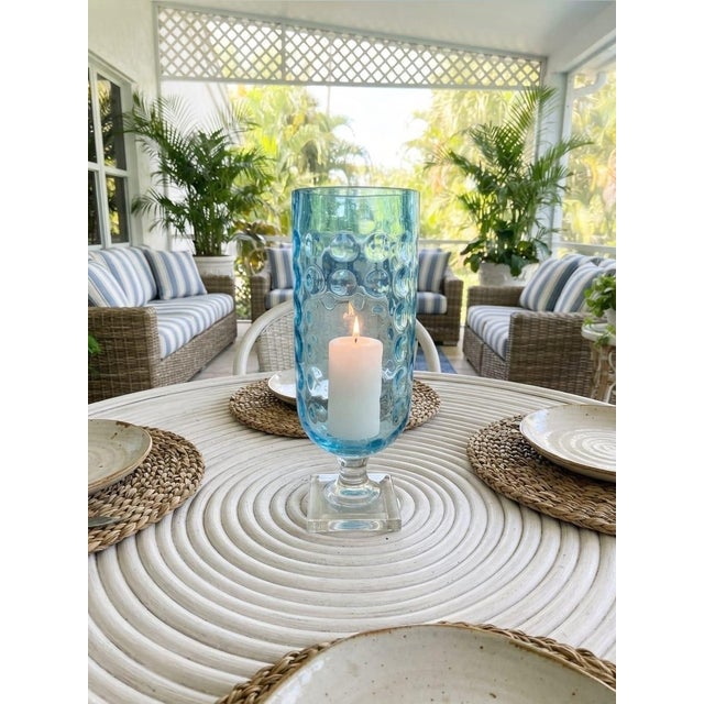 Coastal Vintage Light Aqua Hobnail Glass Hurricane Lantern on Clear Pedestal Base For Sale - Image 3 of 12