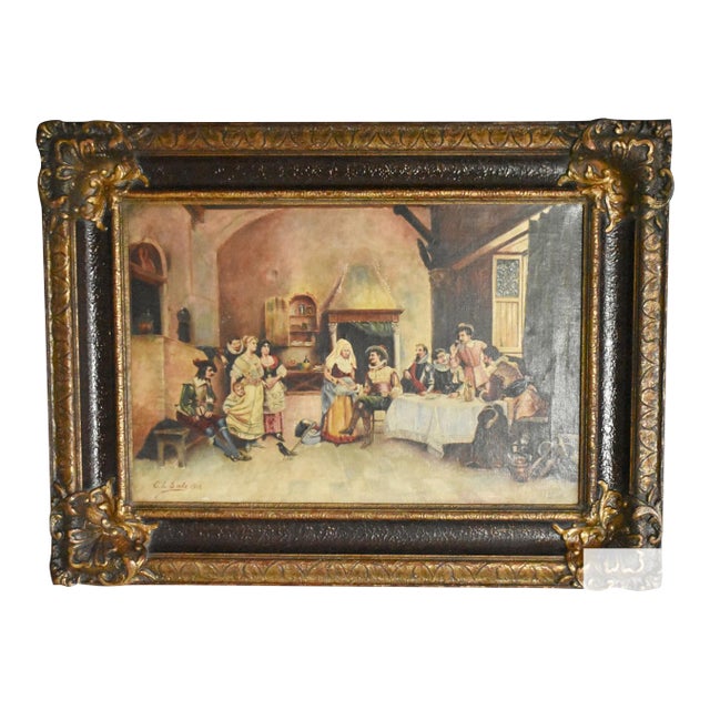 Antique European Tavern Interior Genre Scene Framed Signed & Dated 1910 For Sale