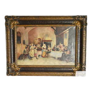 Antique European Tavern Interior Genre Scene Framed Signed & Dated 1910