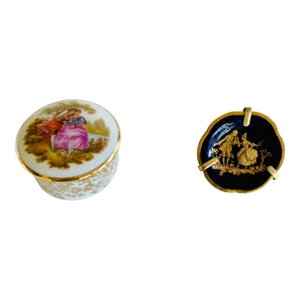 Limoges - French Porcelain Trinket Box and Plate With Stand From the 1970s - a Pair