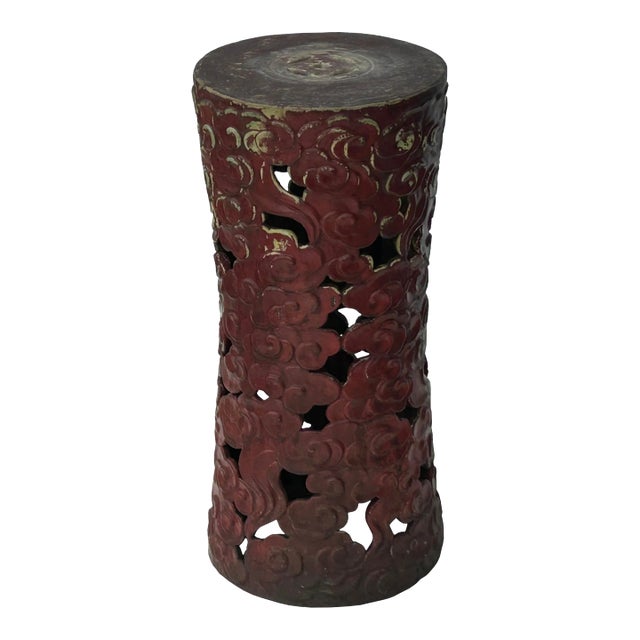 Ceramic Brick Red Cloud Scroll Round Tall Pedestal Table Display Stand For Sale